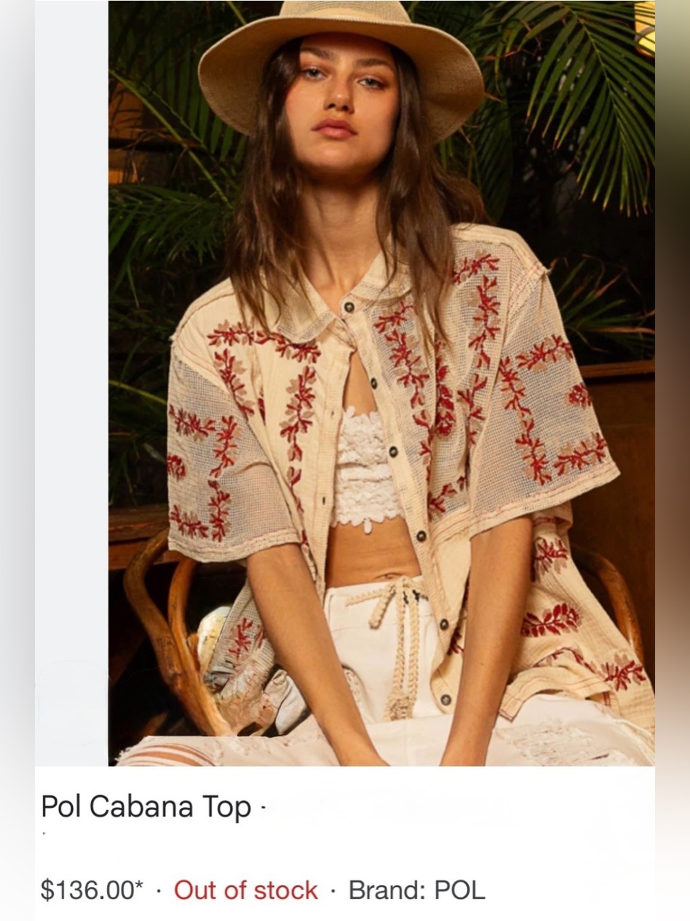 POL Cabana Top Embroidered Mesh Gauze Button Front Boho Shirt L